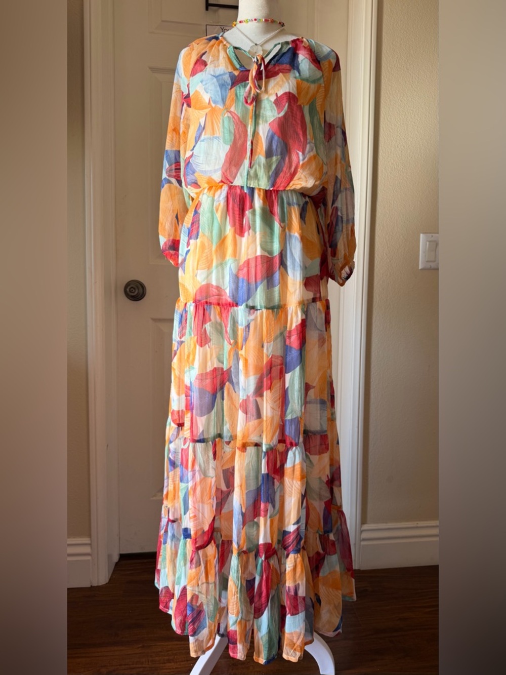 NWT Luna Skies Multicolor Leaf-Print Long Sleeve Tiered Maxi Dress size Small